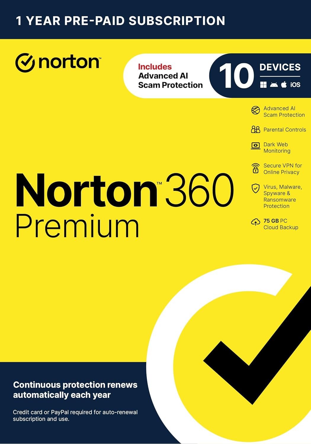 Norton 360 Premium, Antivirus software for 10 Devices with Auto-Renewal – Includes Advanced AI Scam Protection, VPN, Dark Web Monitoring & PC Cloud Backup